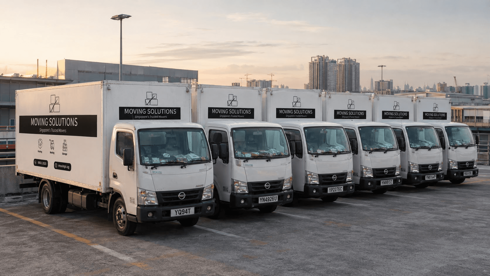 A lineup of Moving Solutions branded moving trucks