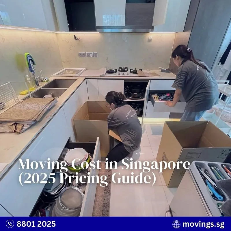 Professional movers packing household items in a kitchen during a Singapore home move
