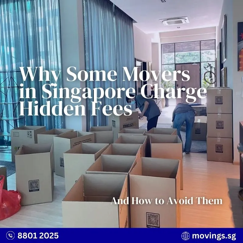 Movers packing multiple boxes on-site during a home relocation in Singapore