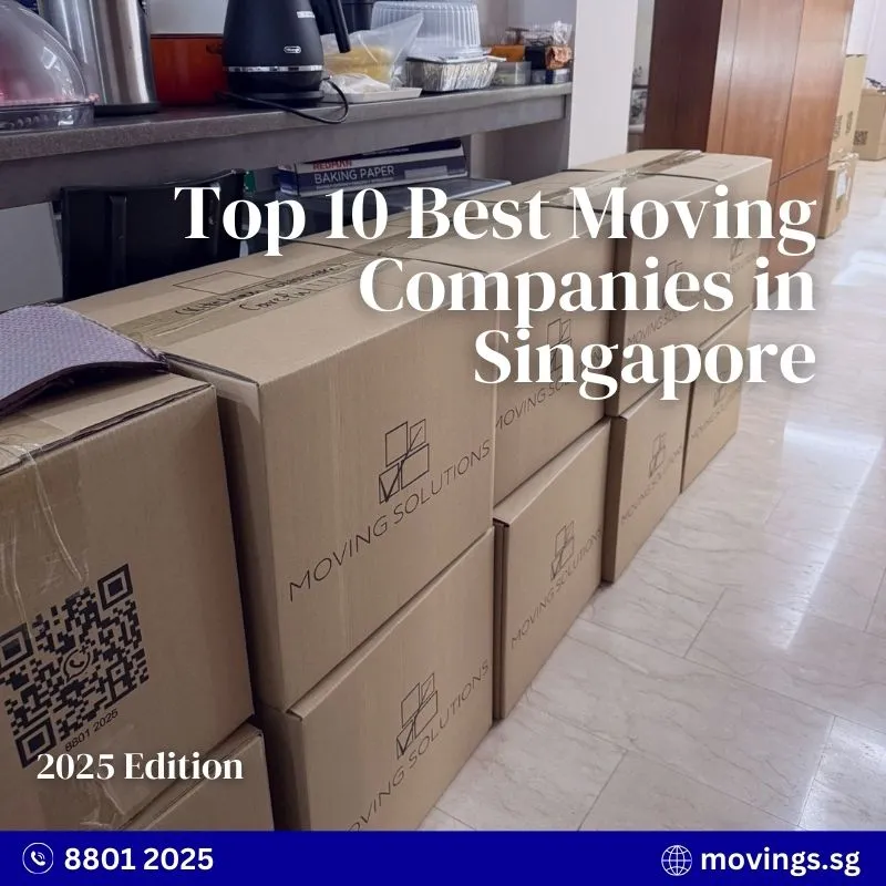 Stacked moving boxes with Moving Solutions labels ready for relocation in Singapore